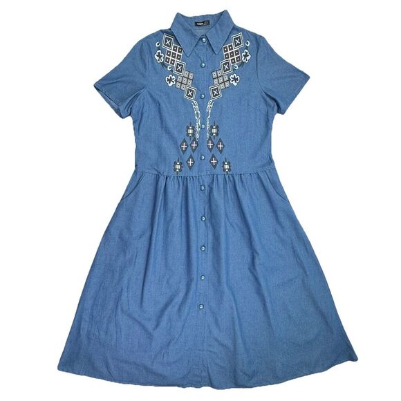 Hekka Blue Chambray Shirt Dress Size Large Printed Pleated Boho Button Down - Picture 1 of 8